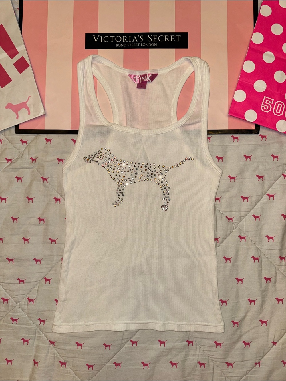 VS PINK VINTAGE Y2K RIBBED RACERBACK TANK TOP WHITE BLING PUP DOG LOGO RARE HTF
